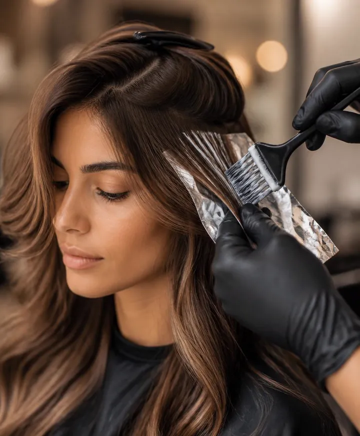 Aluna aplicando mechas em cabelo