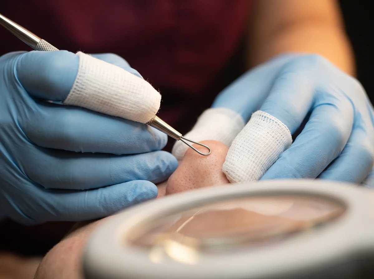 Extração com alça de comedão durante a limpeza de pele, com gaze estéril e luvas