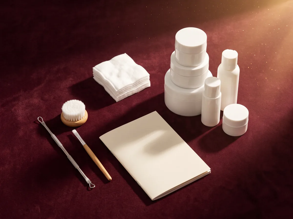 Produtos, apostila e instrumentos usados no curso de limpeza de pele