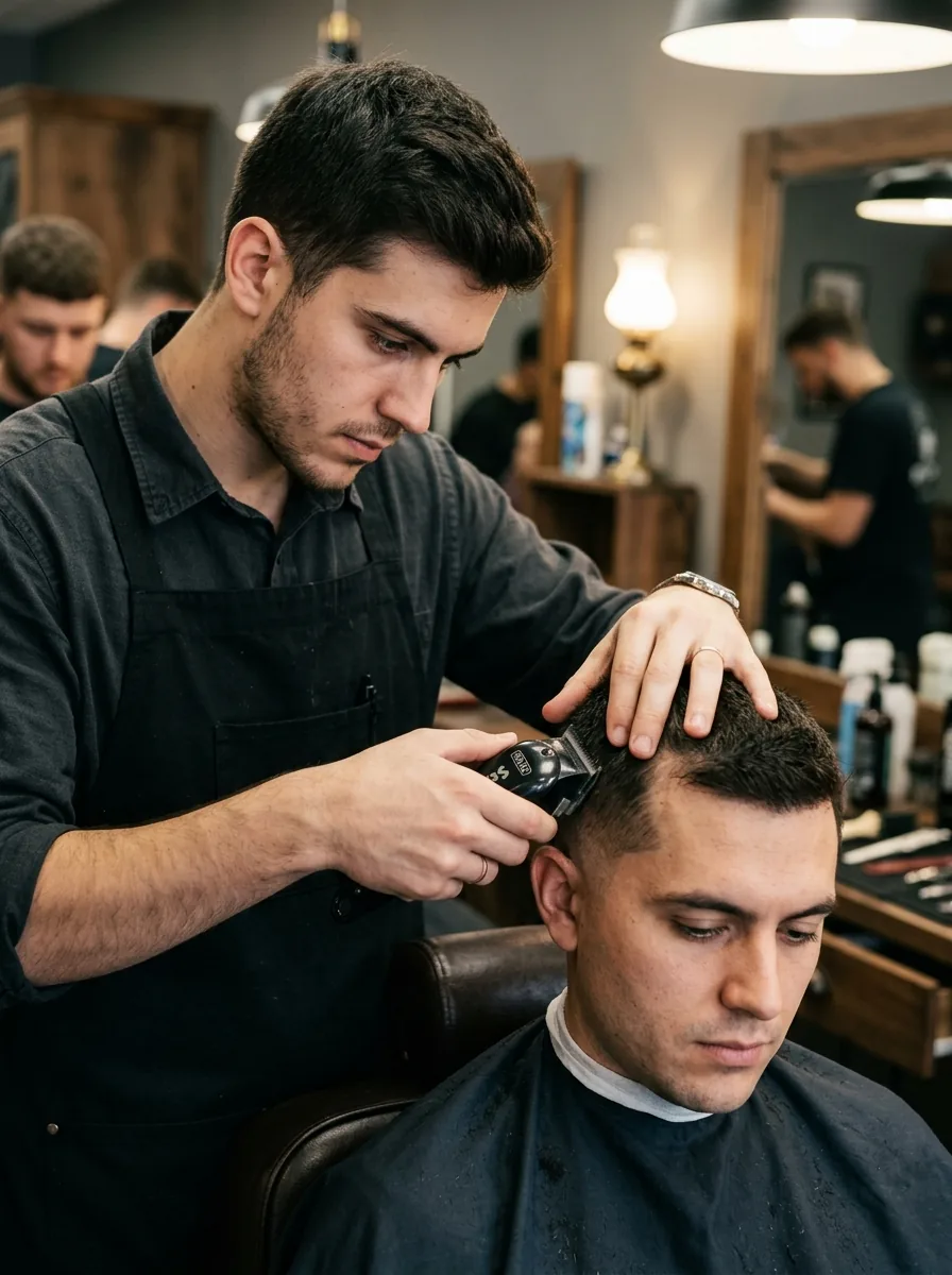 Aluno do curso de barbeiro utilizando a máquina de corte no cliente