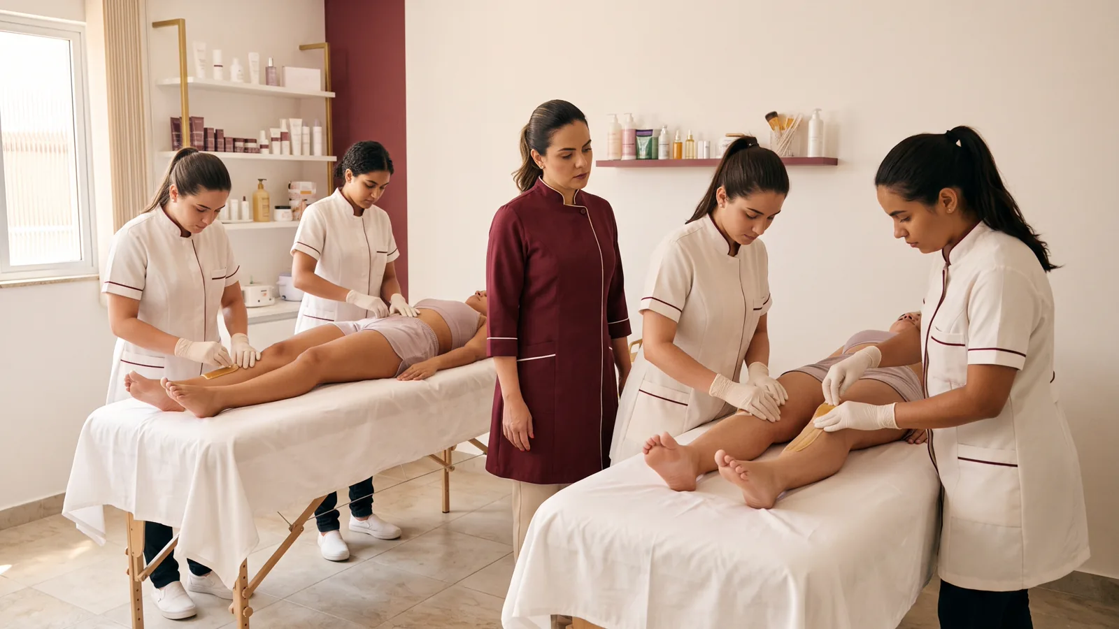 Aula prática do curso de depilação com cera na Beauty School Teresópolis