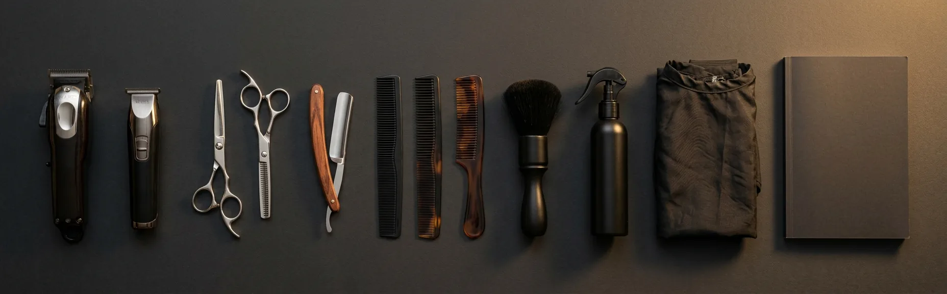 Máquina, tesouras, navalhete, apostila e produtos utilizados no curso de barbeiro