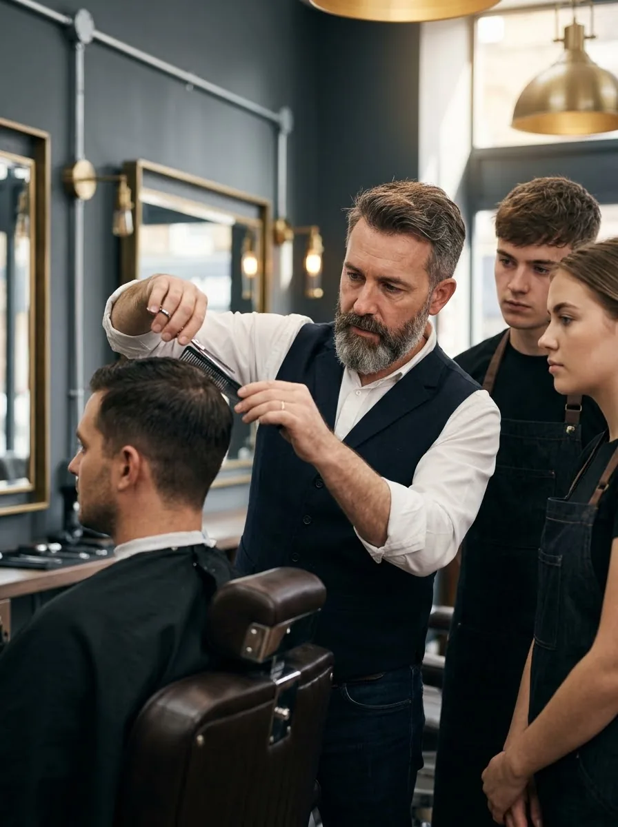 Professor demonstrando a técnica de corte masculino para os alunos