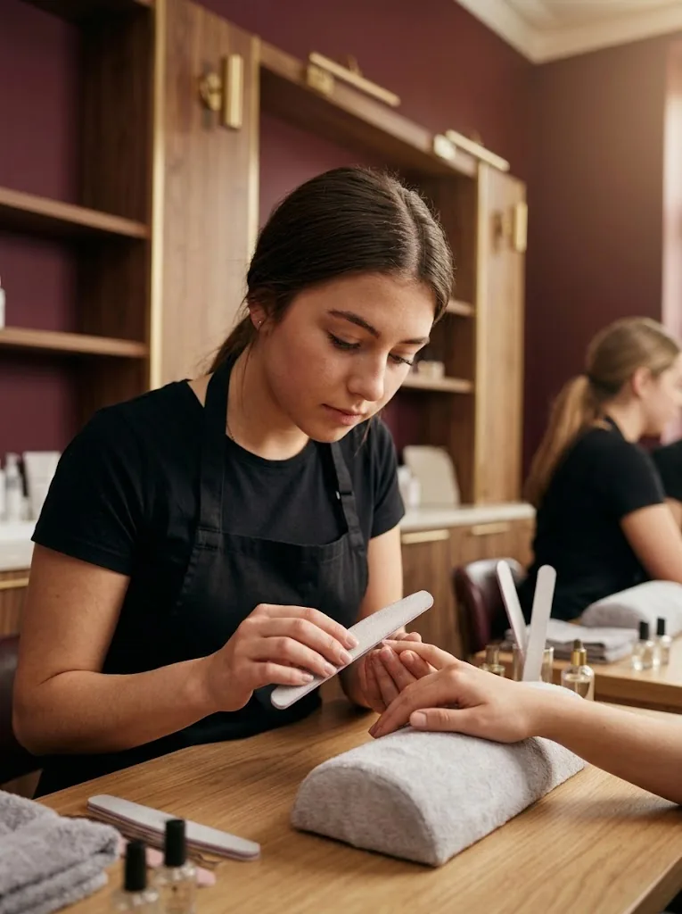 Aluna praticando a técnica de manicure em atendimento
