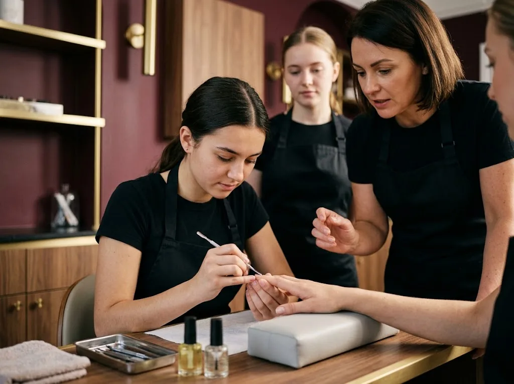 Professora orientando aluna durante aula prática de manicure
