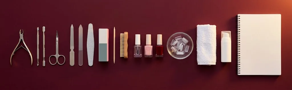 Alicate, espátula, lixas, esmaltes e apostila utilizados no curso de manicure e pedicure