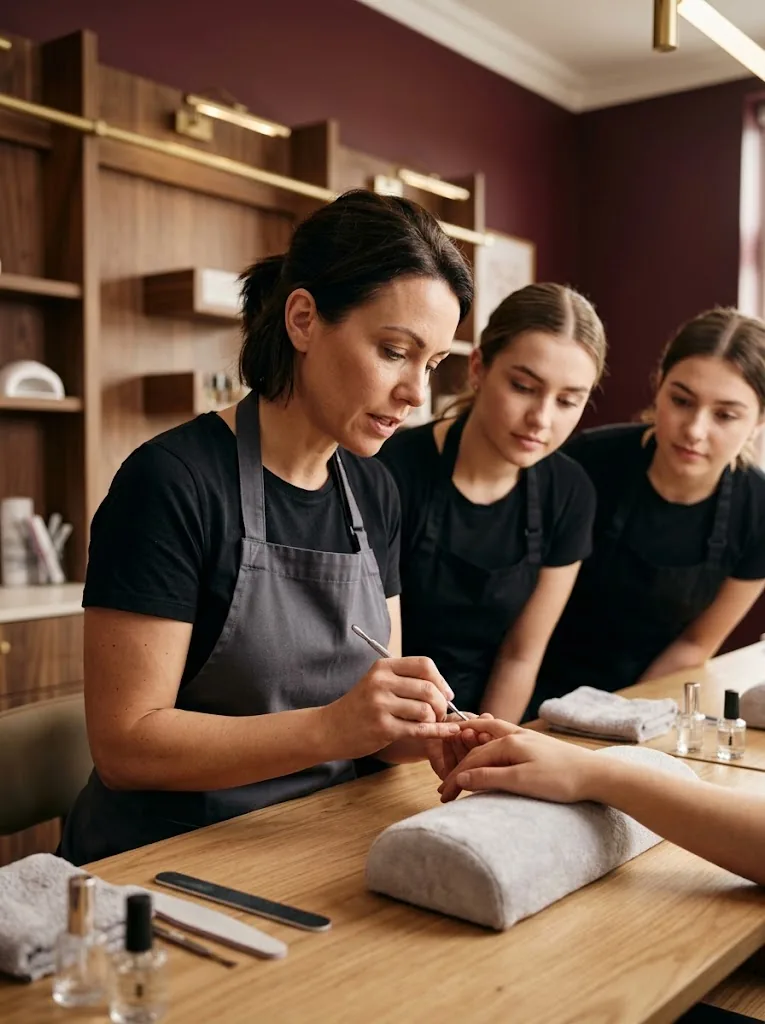 Professora demonstrando a técnica de manicure para a turma